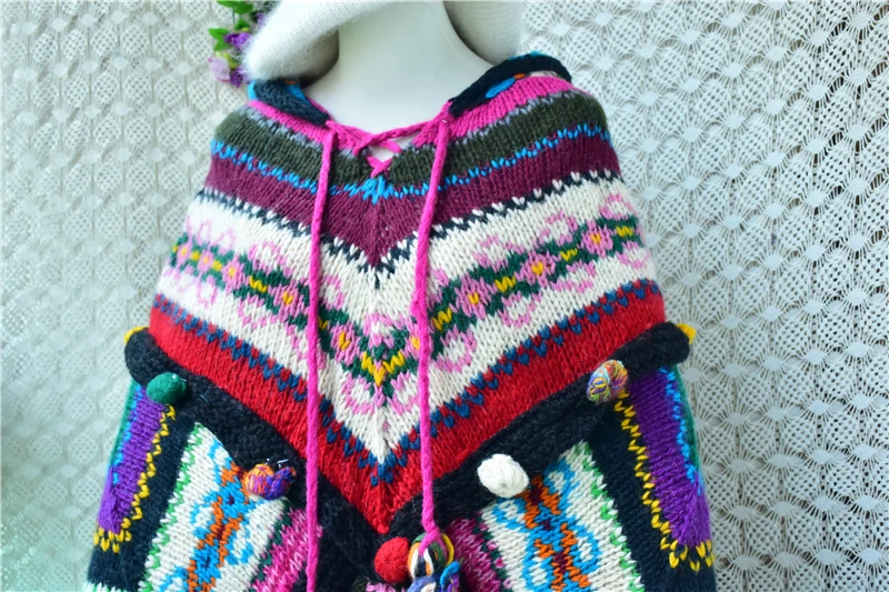 Women Fashion 100% Wool Mohair Knitted Hooded Thick Warm 3D Crochet Flower Medium Long Loose Sweater Mantle Cape Jumper Cloak
