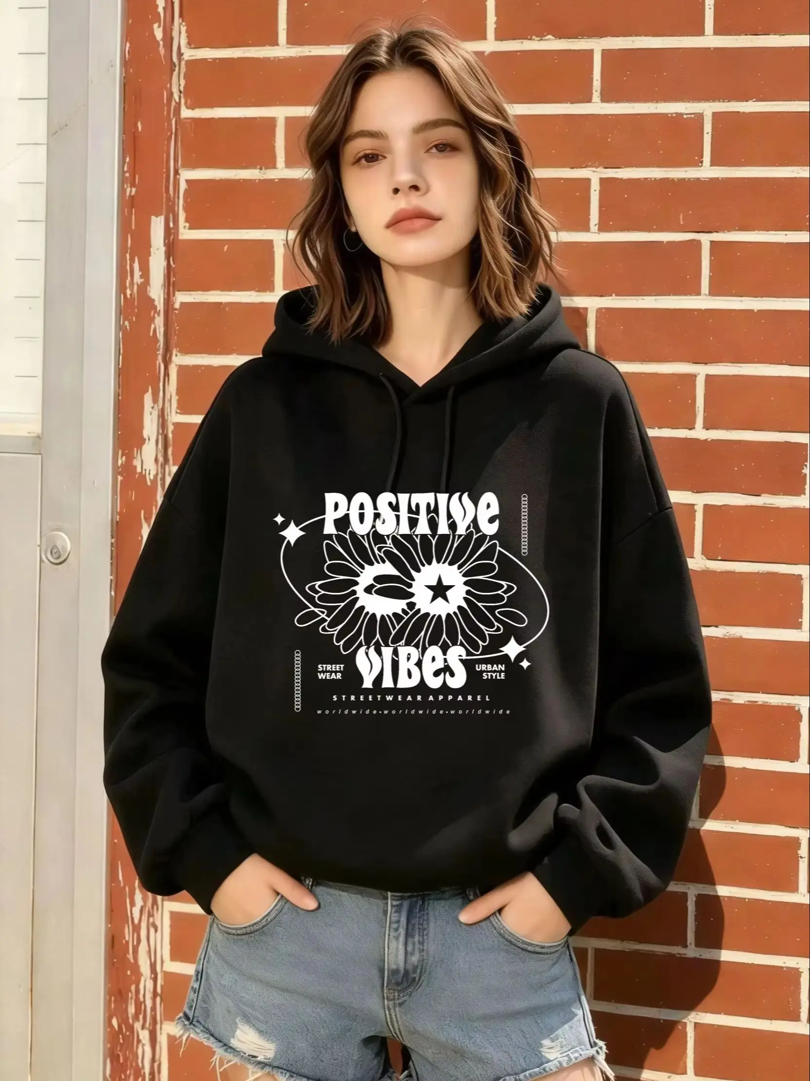 

Women's Black Oversized Hoodie, "Positive Vibes" Floral Print, Casual Streetwear Pullover Sweatshirt