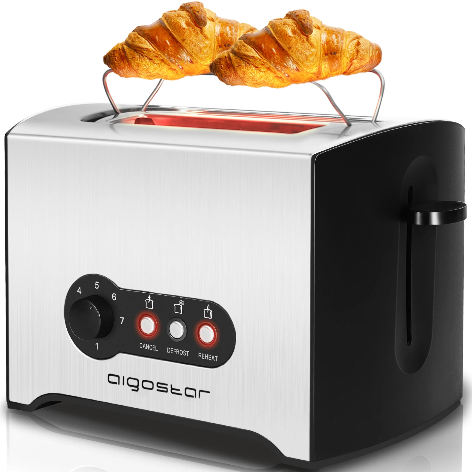 Aigostar Mini Sunshine 30ppx-stainless steel toaster, 900W, with 2 extra-large slots and reheating and thawing functions. 7 browning levels, 0% BPA.