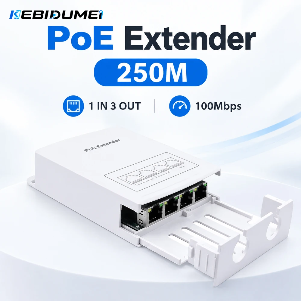 KEBIDUMEI 4/5 Port Waterproof POE Extender 4 Port Repeater 100Mbps Outdoor Network IP55 VLAN for POE Camera Wierless AP