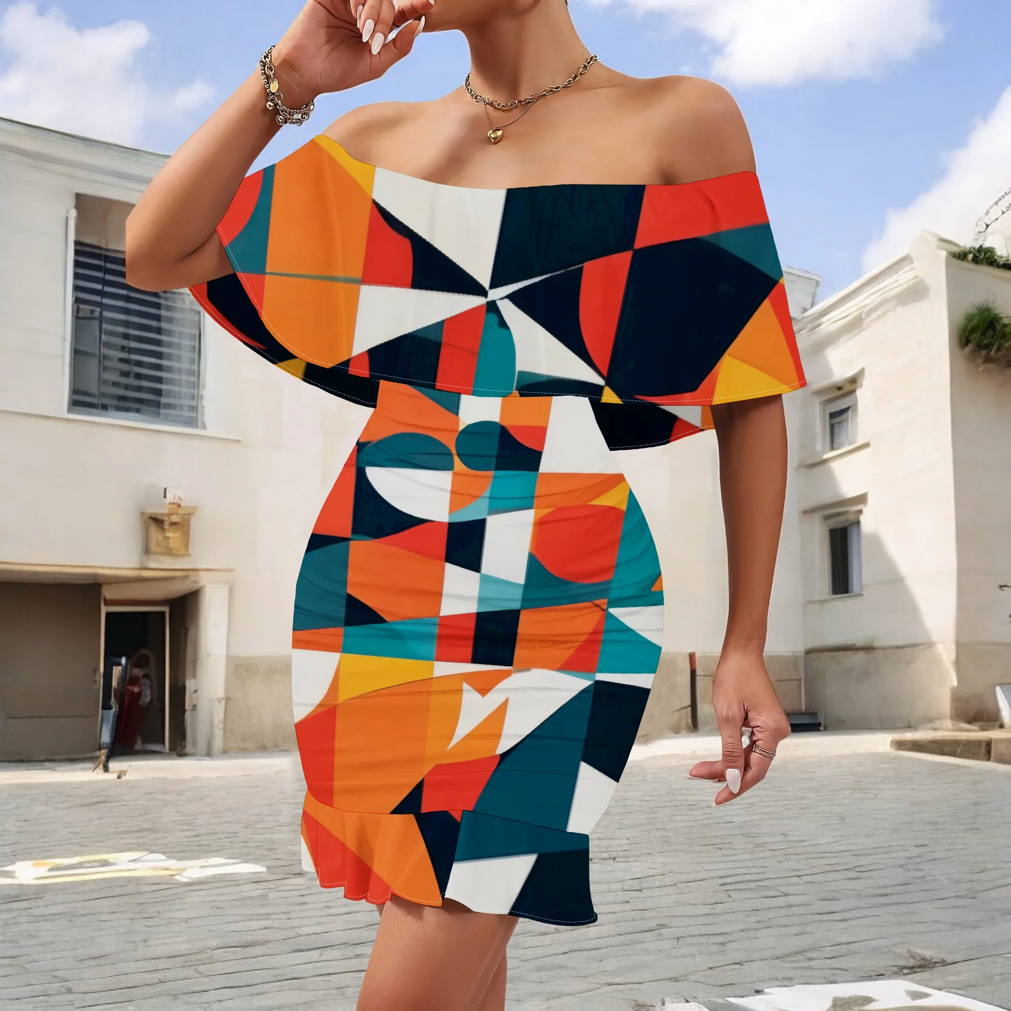 

Colorblock Geometric Mini Dress S-3XL Off Shoulder Bodycon Style with Ruffle Hem for Art Show, Party or Summer Streetwear Look
