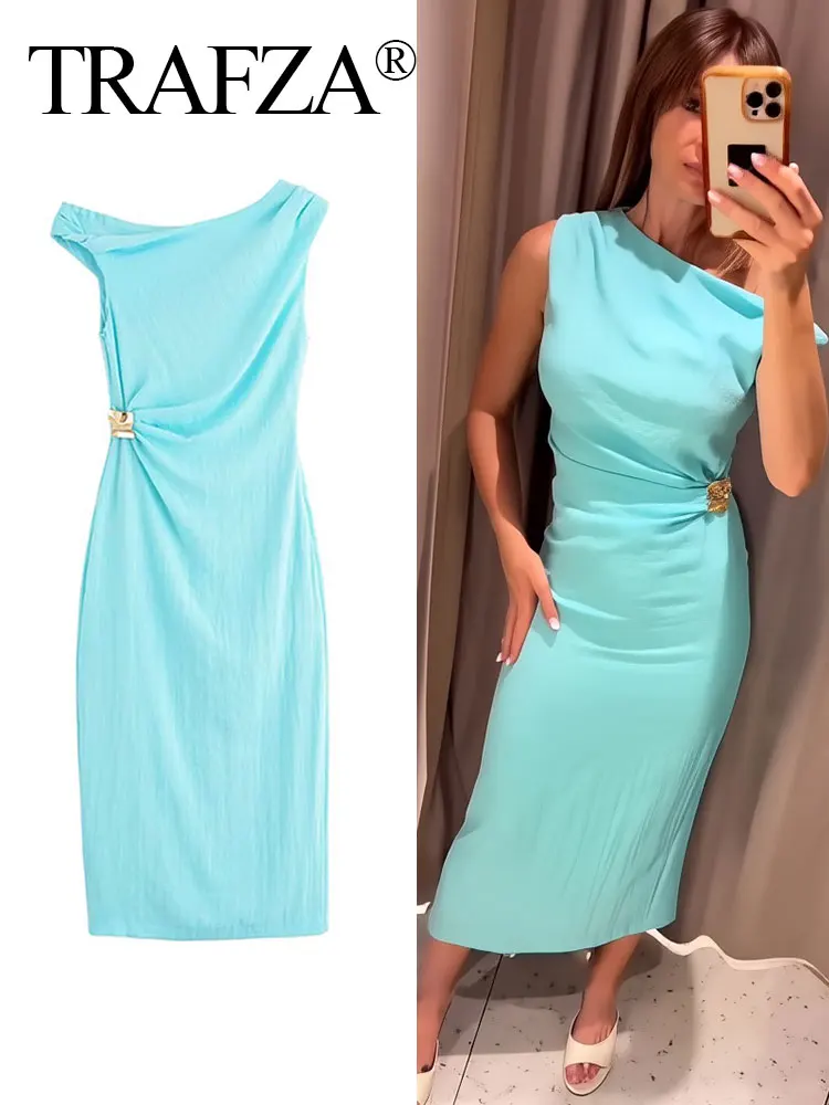 

TRAFZA Summer Elegant Party Midi Dress Sleeveless Solid Asymmetry Pleated Back Hem Slit Slim Inlay Fashion Holiday Style Dresses