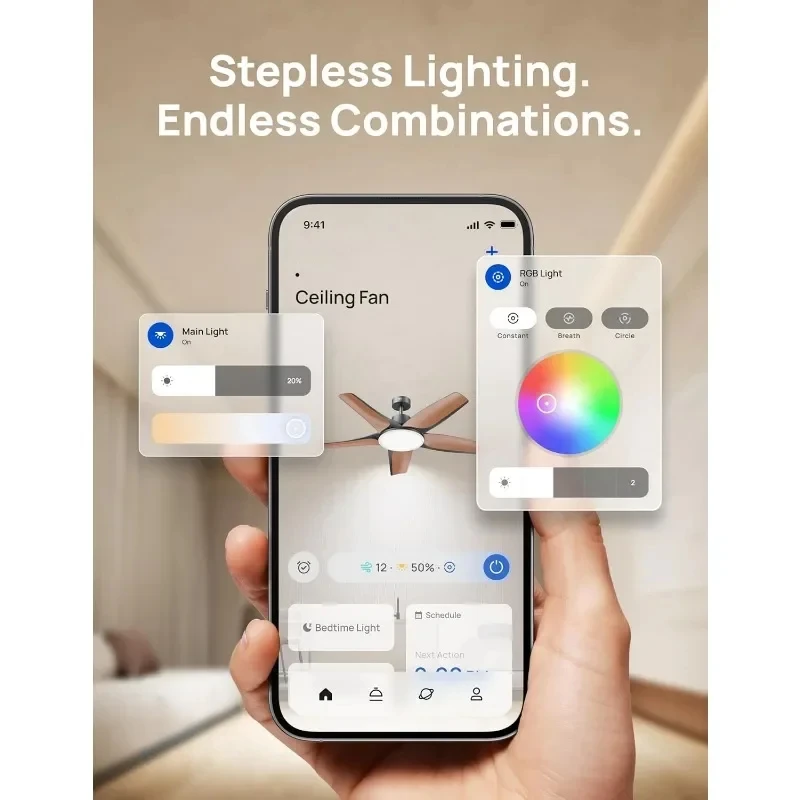 Smart ventiladores de teto com luzes, perfil baixo, iluminação regulável, ajuste de cores, RGB luz ambiente para sala de estar