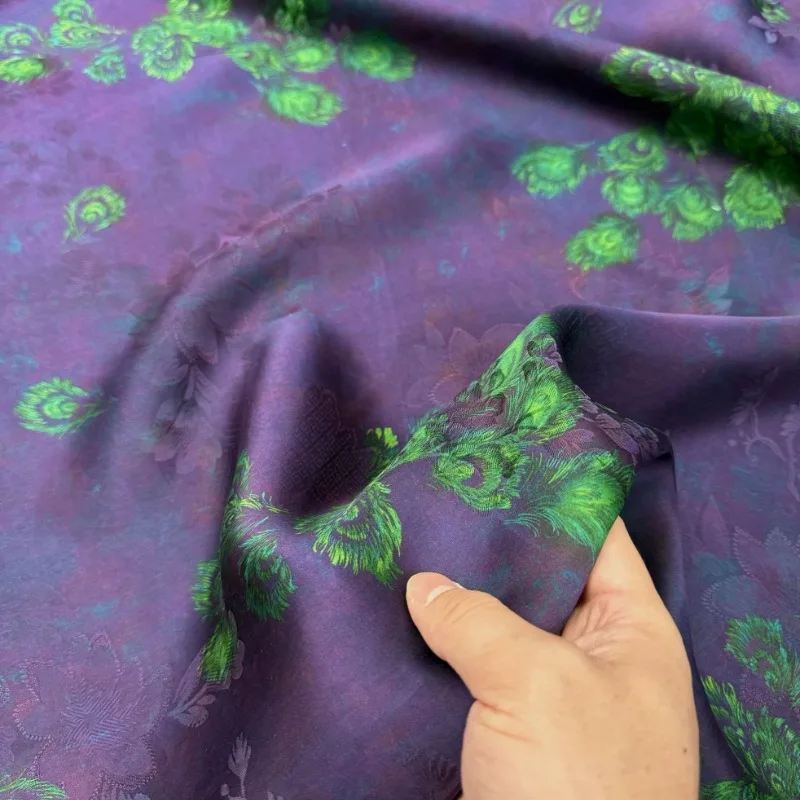 Purple Peacock Feather Pattern Mulberry Silk Hongyun Fabric New Chinese Style for Qipao Dress Set DIY Sewing Accessories