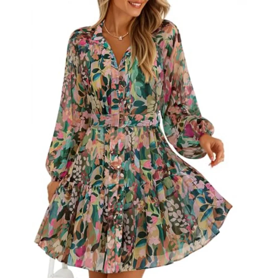 

ZESICA Womens Spring Summer Floral Mini Dress Long Sleeve Button Chiffon A Line Swing Short Wedding Guest Party Dresses
