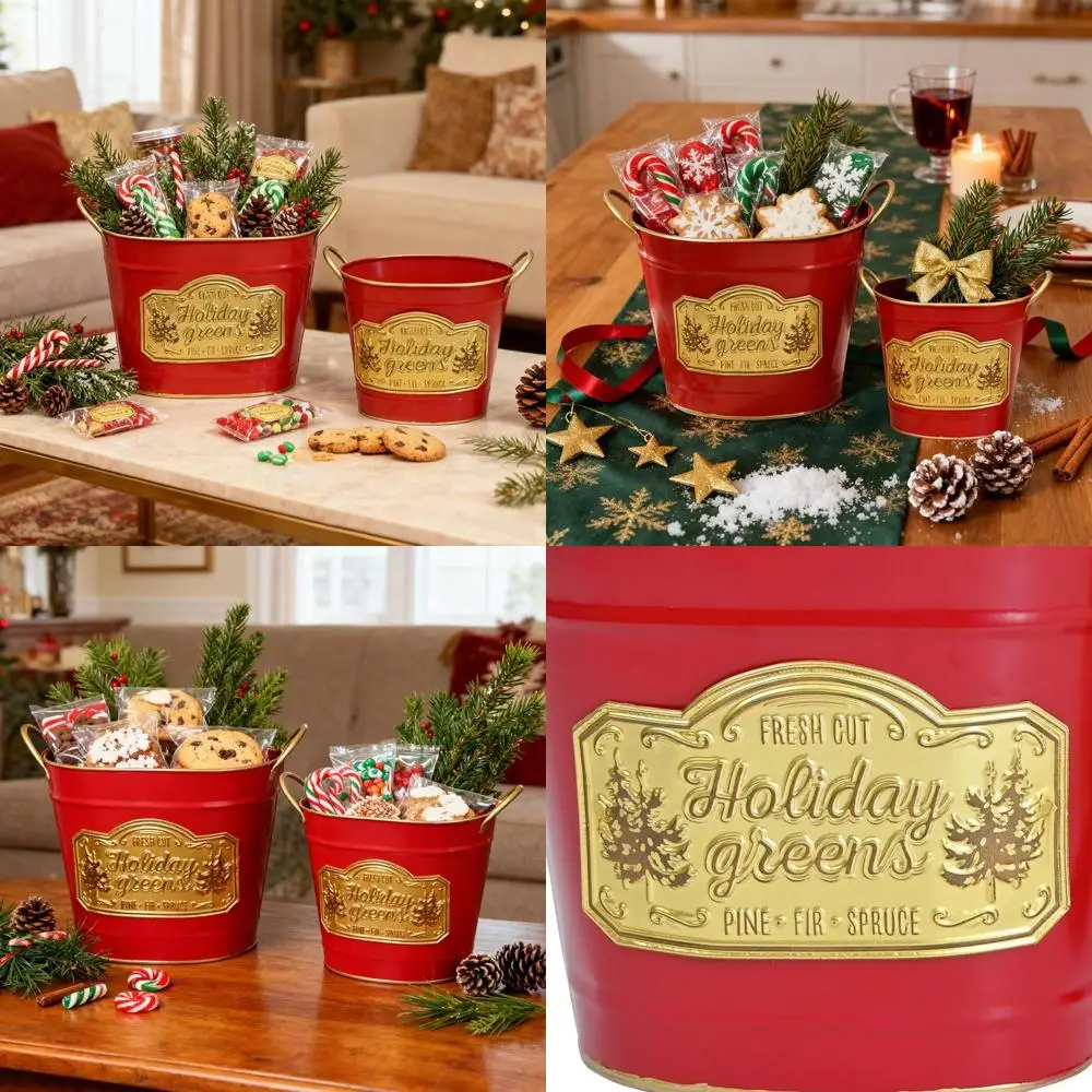 

Red Metal Christmas Bucket with Handle - Decorative Holiday Pail for Home, Garden, Kitchen, and Party Centerpieces