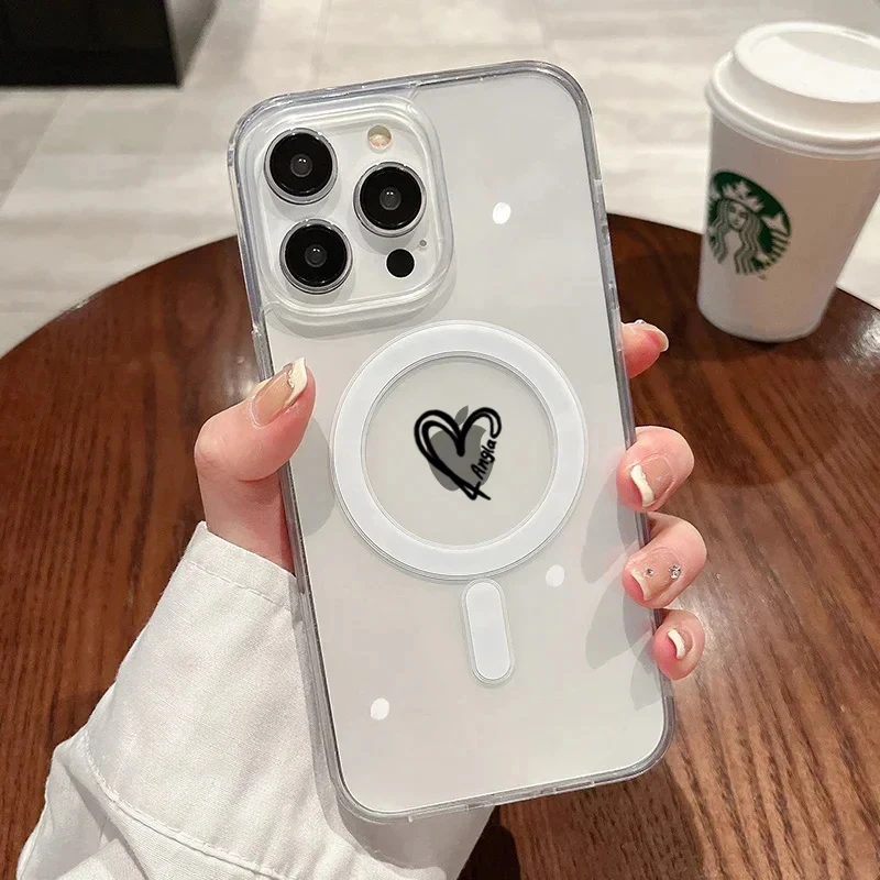 

Fashion Black Love Heart Phone Case For iPhone 17 16 15 14 13 12 11 Pro Max Plus Clear For Magsafe Magnetic Acrylic Soft Fundas