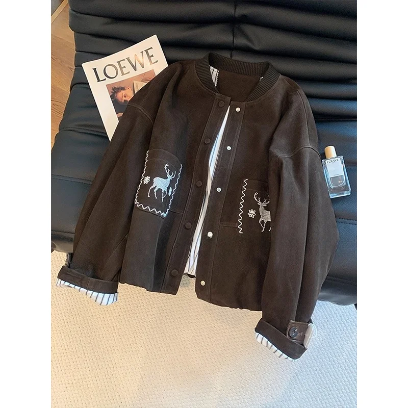 

Женский топ Ne Jaet в стиле ретро глубокого кофейного цвета с вышивкой оленя, осень 2022, высококачественный уникальный маленький партии Jaet