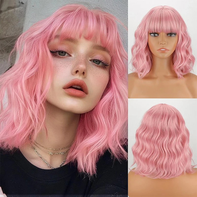 

Light Pink Wig for Women Short Wavy Wigs Curly Bob Wigs with Bangs Synthetic Shoulder Length Colorful Wigs for Cosplay Daily Use