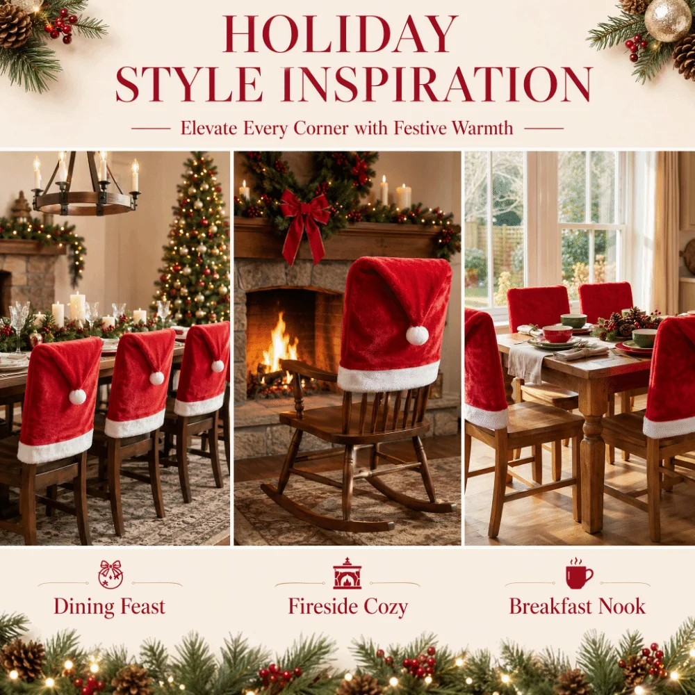 Cartoon Christmas Chair Covers Removable Santa Hat Red Chair Back Cover Washable Christmas Hat Xmas Dinner Chair Seat Cover