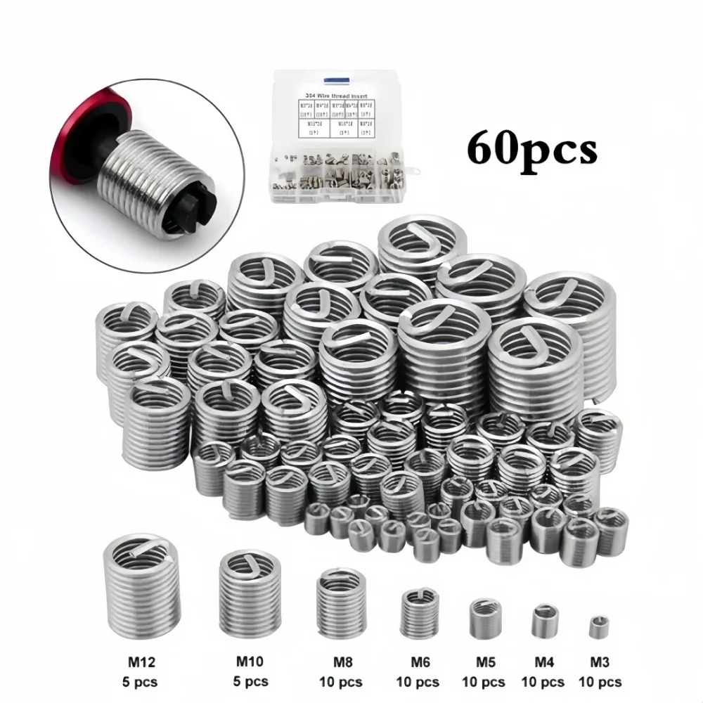 Stainless Steel Fastening Spiral Thread Repair Insert Screw Liner Kit M3 M4 M5 M6 M8 M10 M12 Suitable for Hardware Repair Tools
