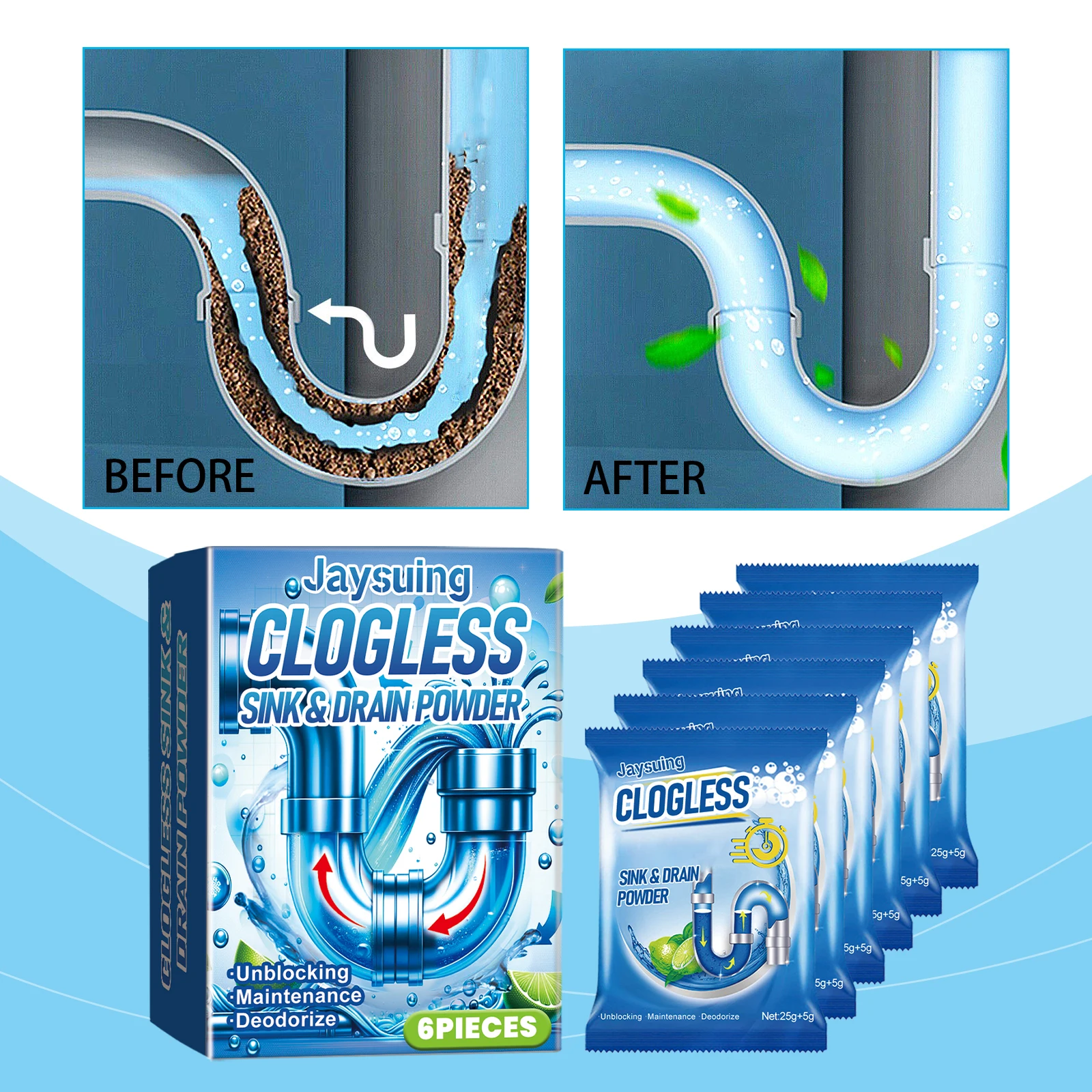 JaySuing Non-clogging Sink and Drain Cleaning Powder is suitable for kitchen, bathroom, multi-purpose pipe deodorant and cleaner