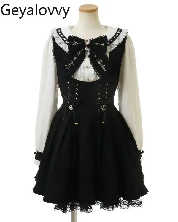 일본 스타일 대량 생산 새로운 달콤하고 귀여운 로리타 세트 레이스 패치워크 리본 네이비 칼라 소녀 긴 소매 드레스와 반바지