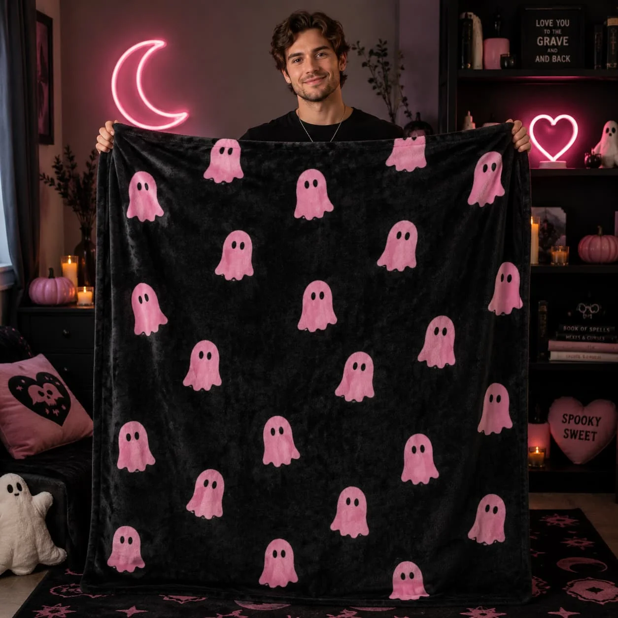 Soft & Comfortable 1pc Modern Flannel Blanket - Black & Pink Minimalist Cute Ghost All-Over Print Flannel Throw, Adorable Ins Girl Style Halloween Sofa Blanket - Digital Print Craft, Suitable For Sofa, Bed, Travel, Office Home Decor
