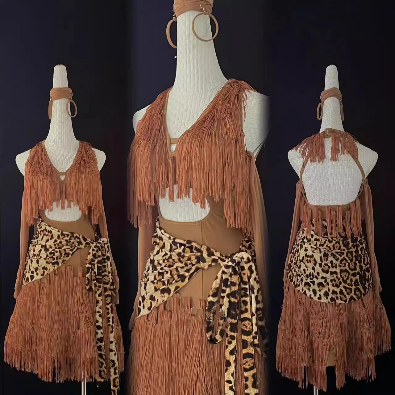 

Latin Dance Dress High-end Custom Leopard Print Hollowed Out Backless Tango Women's Adult and Children's Stage Costumes