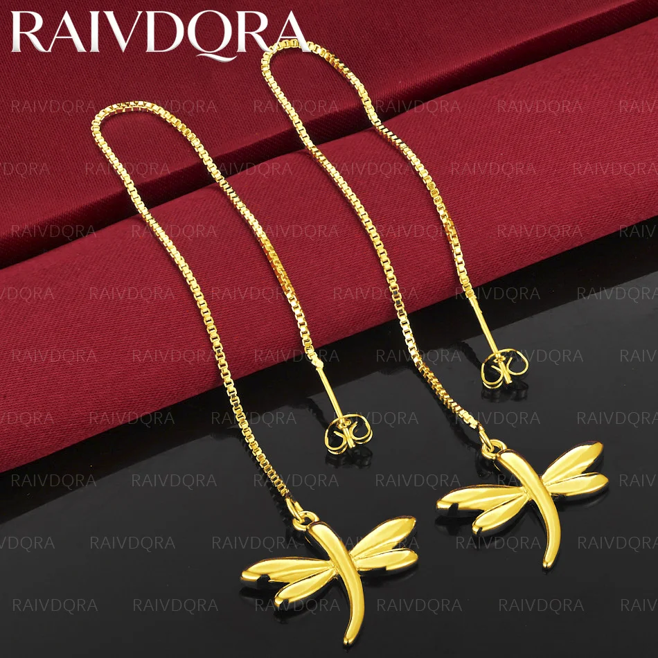 18K Gold Plated Fine Cute Dragonfly Long Drop Earrings For Woman Fashion Wedding Party Charm Jewelry Gift