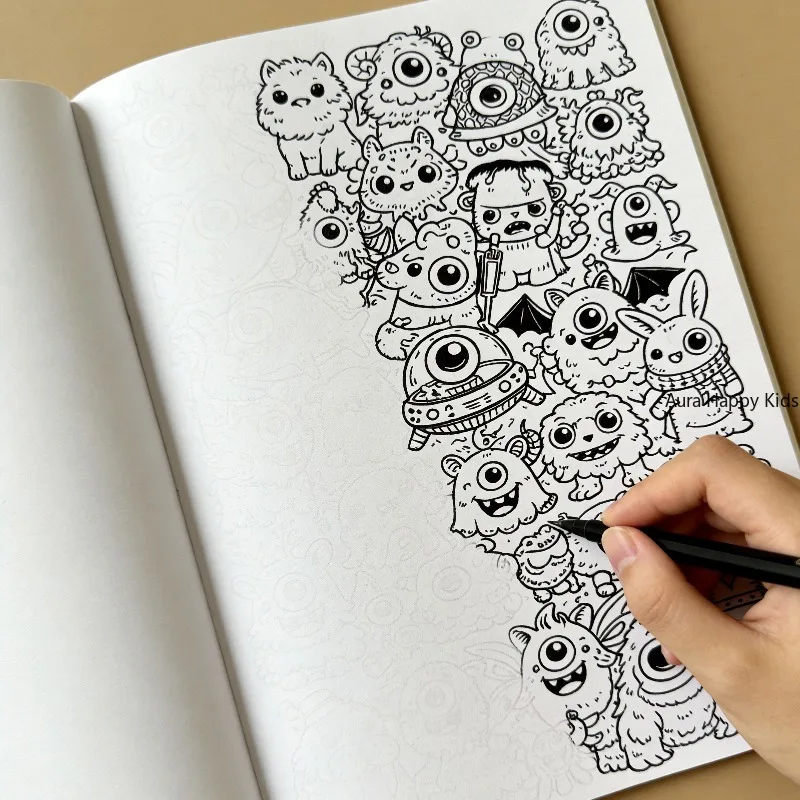 One Small Monster Themed Line Drawing Coloring Book, 28 Different Patterns,Large-Sized Drawing Book, 28.9x21cm,Art Creation Gift