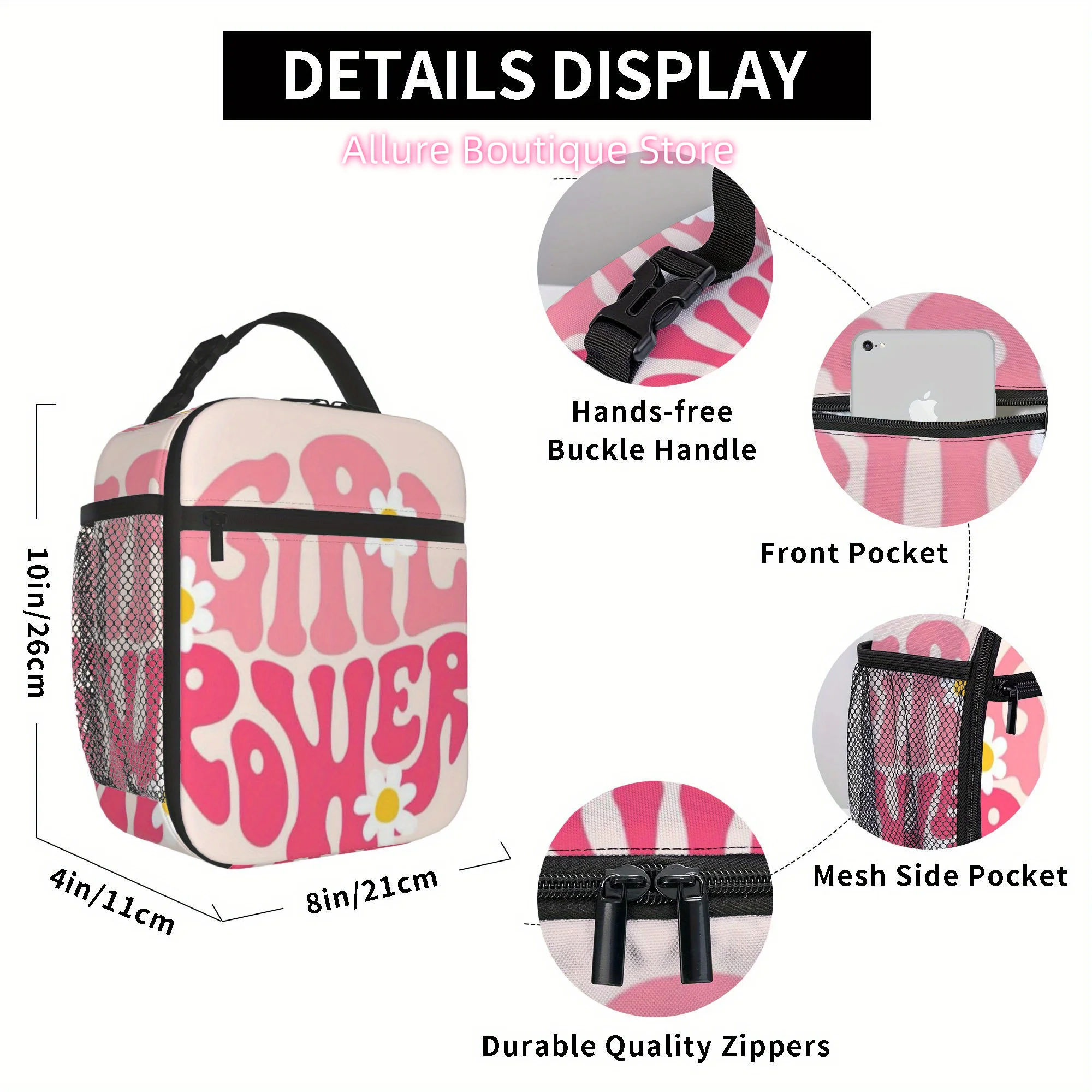 1pc Power Daisy & Feminist Slogan Thermal Insulated Bag - Pink & White Reusable Cooler with Power Logo, Portable for,1 Picnic -