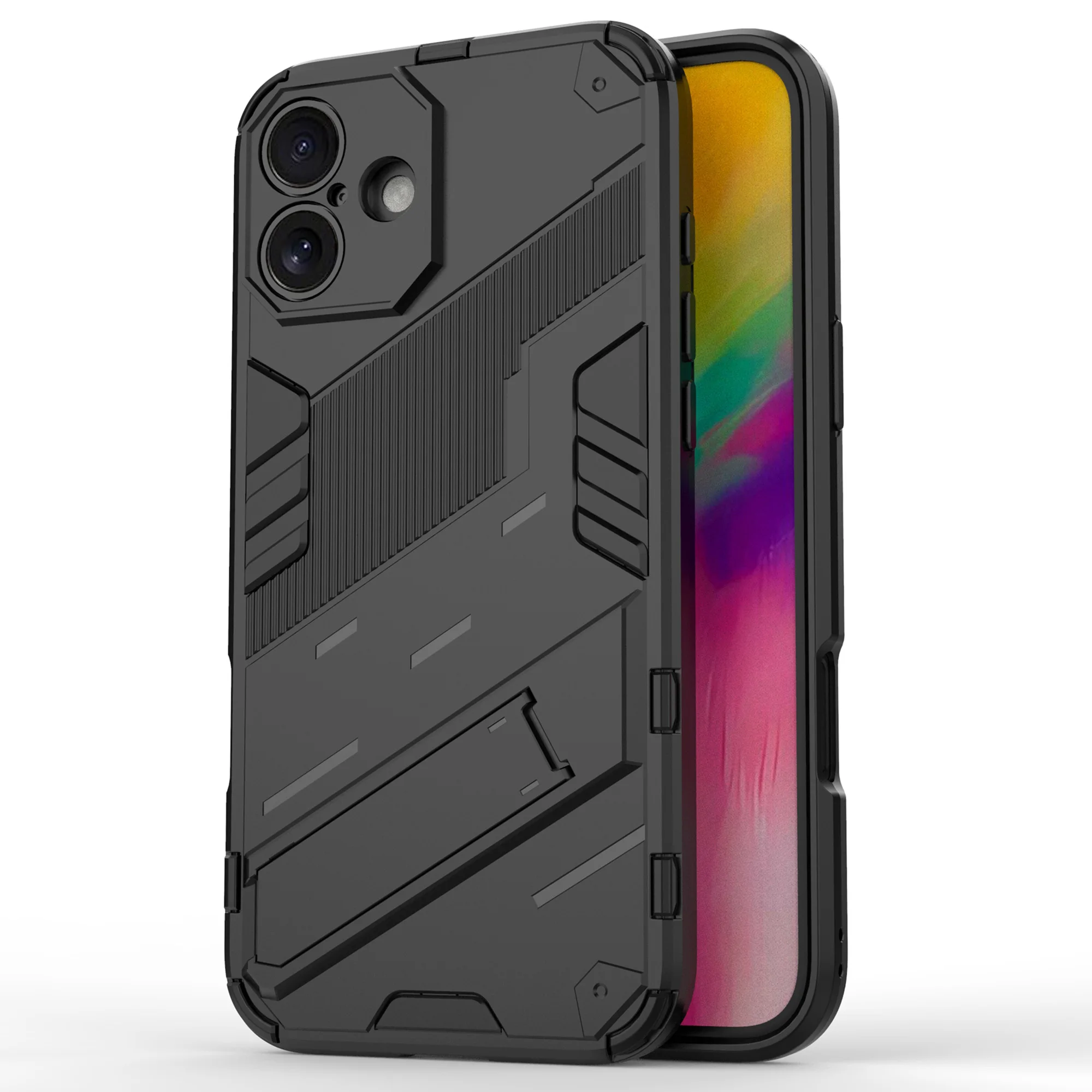 

For iPhone 16 Plus Case PC+TPU Shockproof Phone Cover with Kickstand - Black