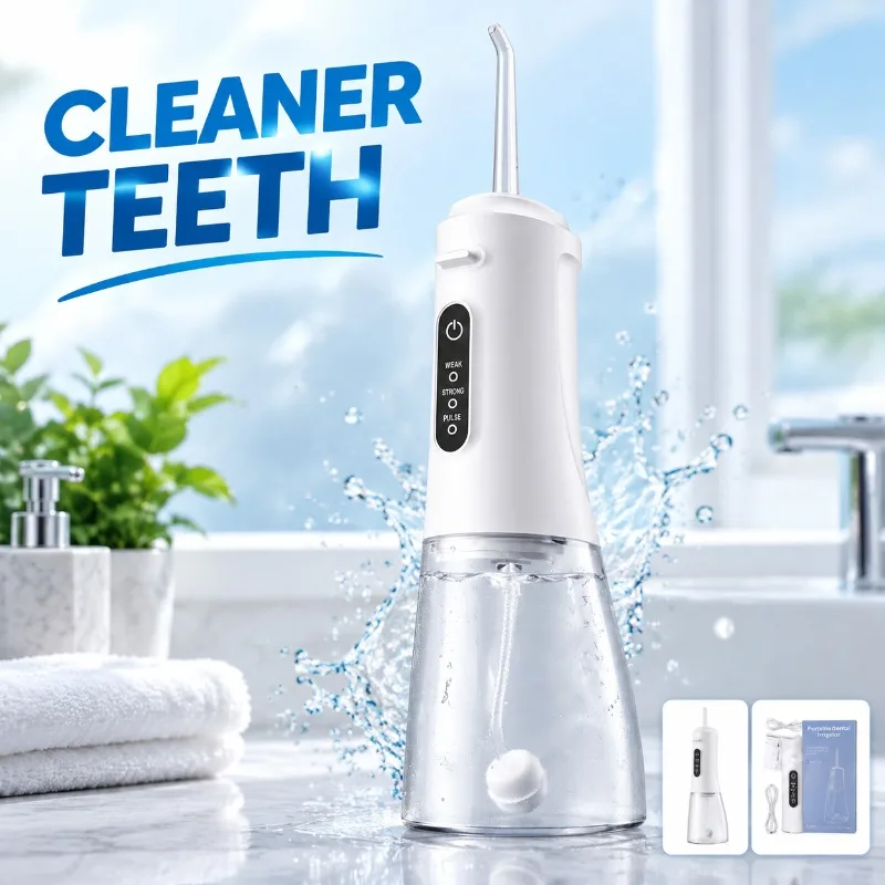 Cordless Portable Electric Water Flosser for Adults, ABS Dental Oral Irrigator, 5V 5W with 4 Replacement Nozzles & USB Cable