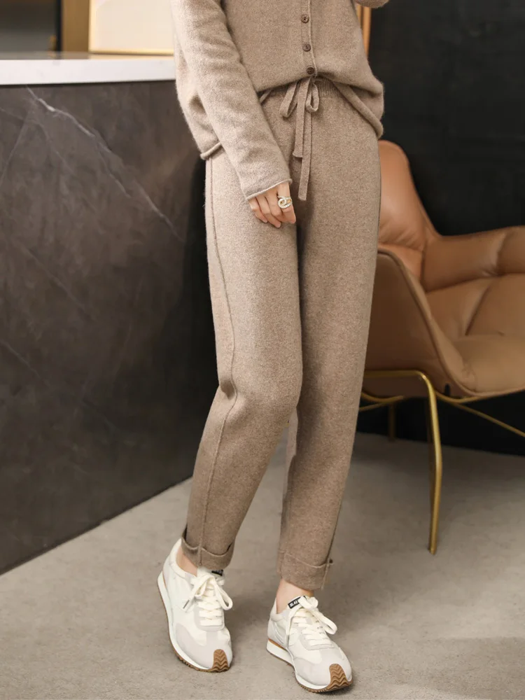 Women's Wool Pencil Pants High Waist Simple Style Office Lady Trousers 100% Merino Wool Knitwear Autumn Winter Female Pants Tops