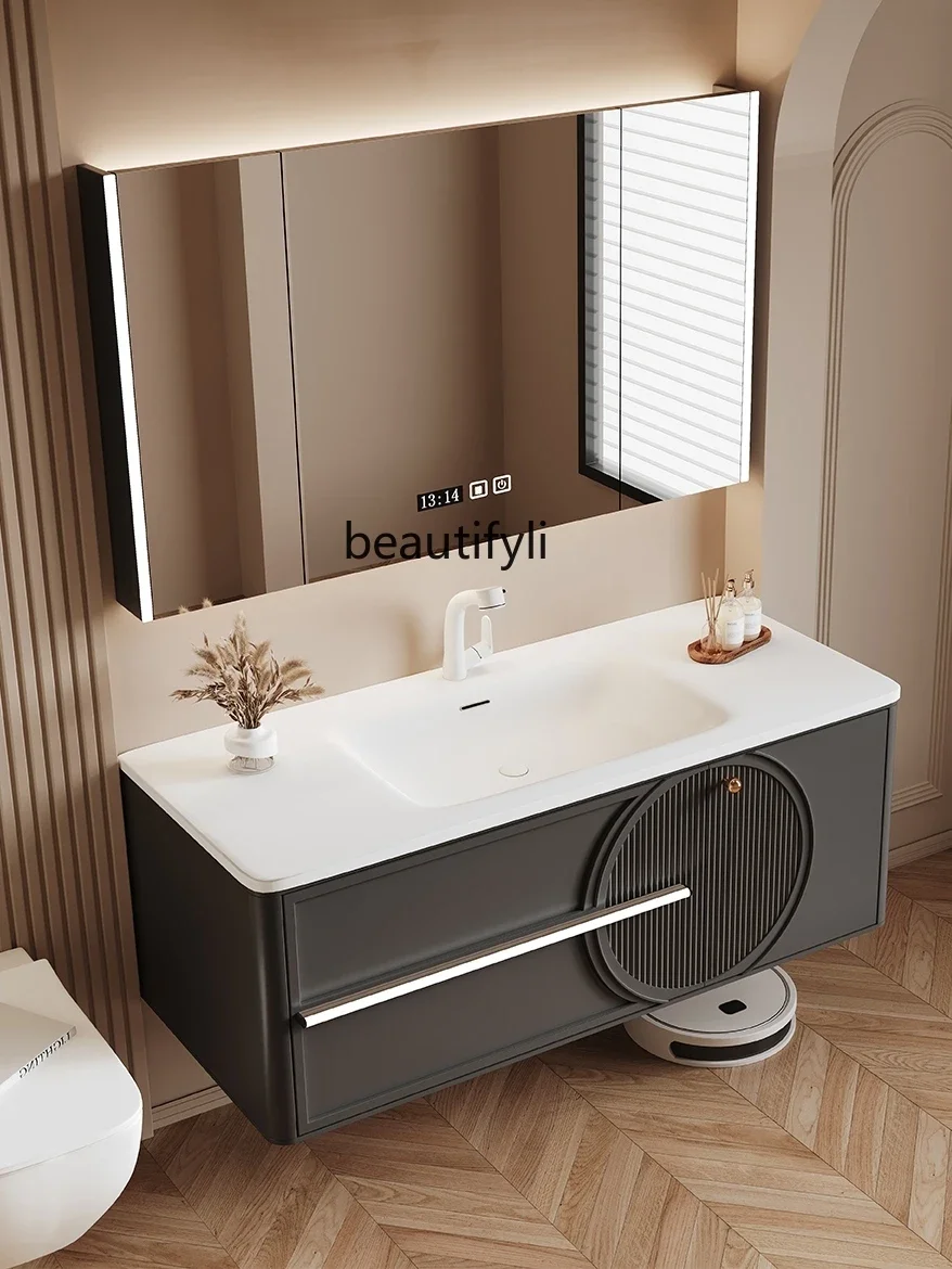 

yj7 New, Corian rock slab seamless integrated wash basin rubber wood paint light luxury bathroom cabinet