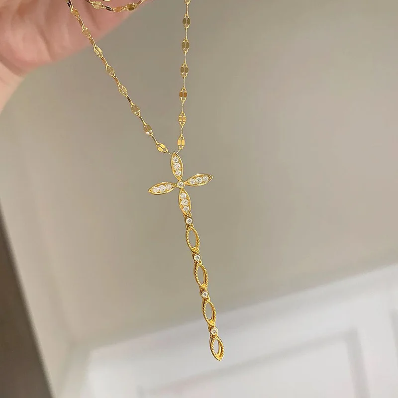 ElegantHX  Eight-Pointed Star Compass Pendant Necklace for Women with Detachable Fringe Cross Charm Versatile Layering Jewelry