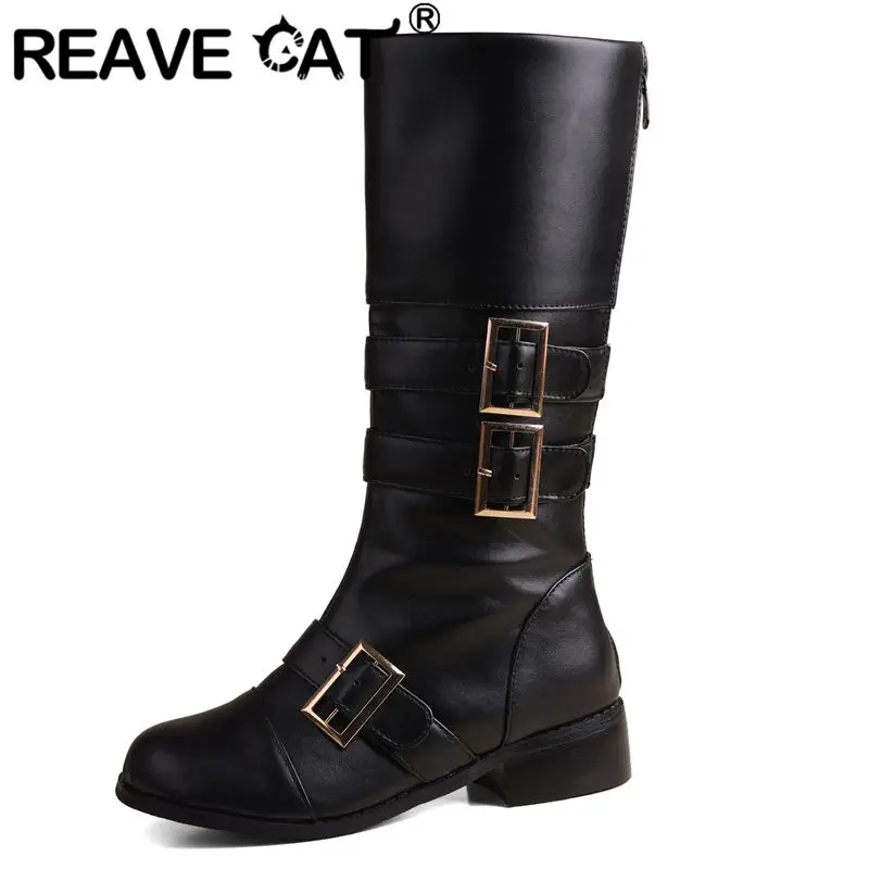 REAVE kucing klasik sepatu bot berkendara wanita hak tebal bulat gesper sabuk ritsleting ukuran besar 46 47 48 kasual Retro setengah betis harian Bota