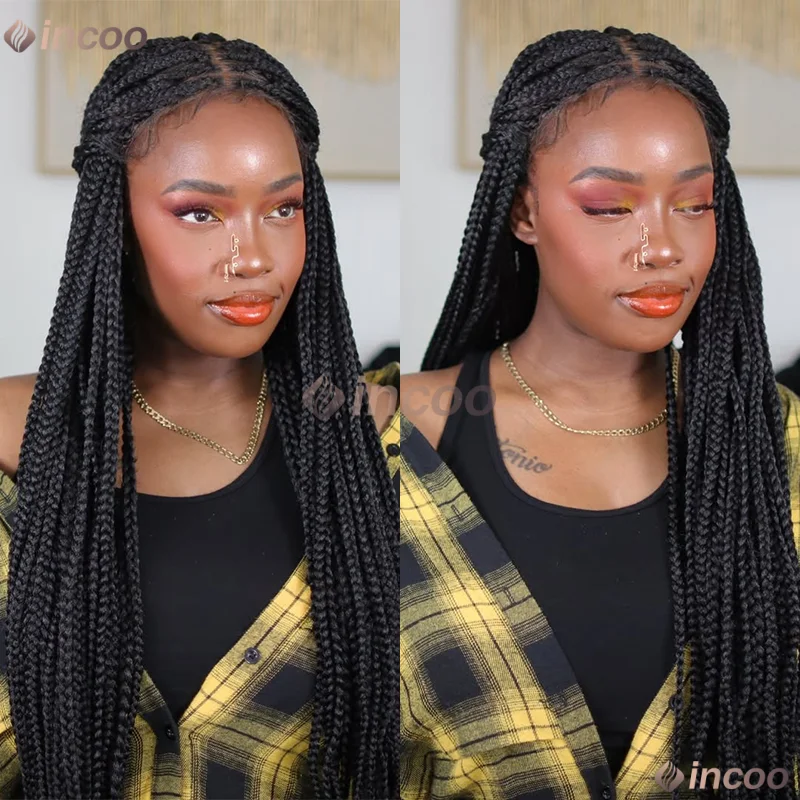 Peruki z przezroczystą koronką, warkocze typu cornrow o długości 36 cali dla kobiet, bezszwowe warkocze typu box braids, czarna peruka afrykańska, syntetyczna peruka na wyprzedaży.