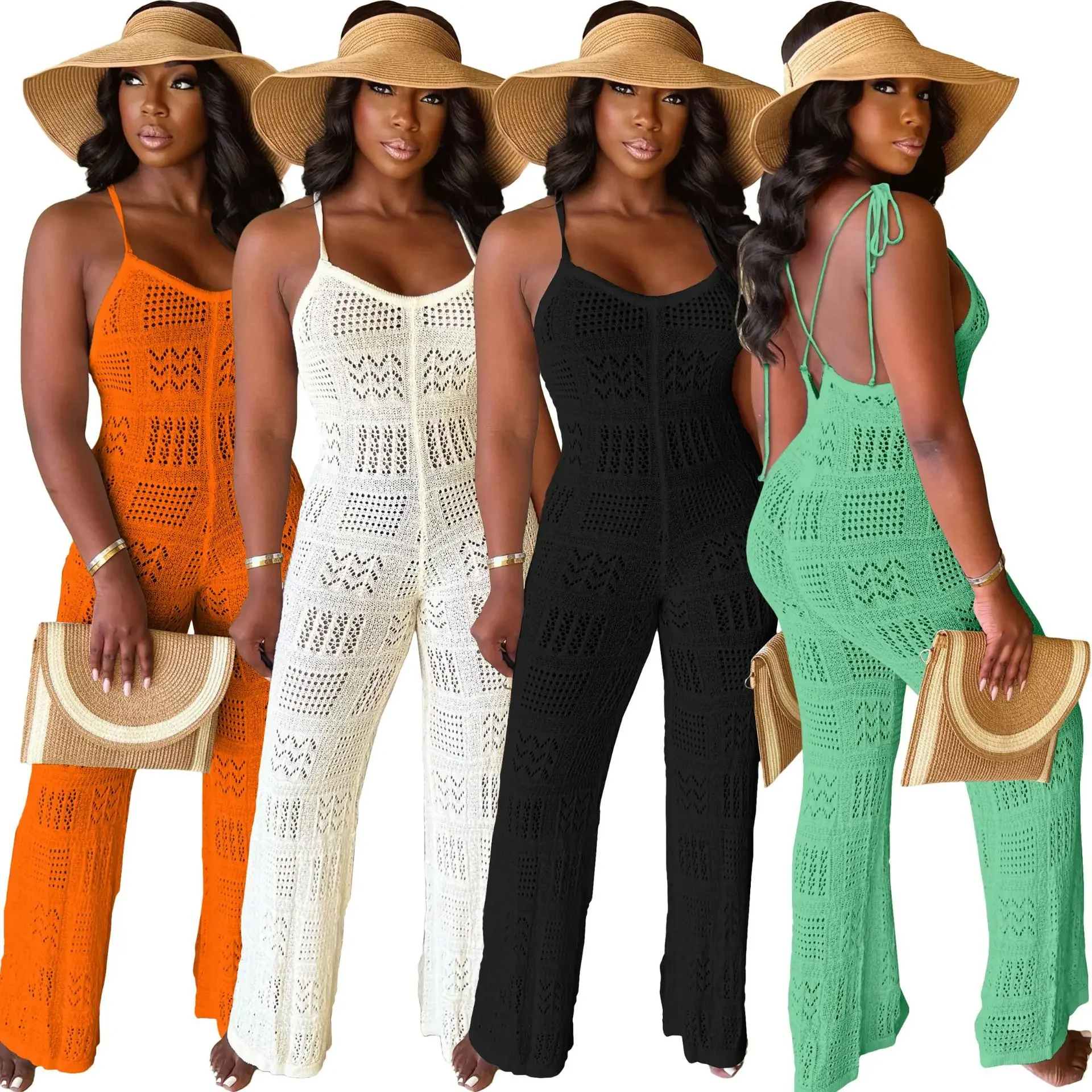 

2025 Spring and Summer New Women's Pure Color Knitted Sexy Suspenders Geometric Hollow Jumpsuit