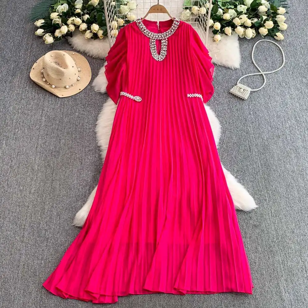 Cristal luxe robes de soirée formelles femmes été ample grande taille à manches courtes plissée en mousseline de soie longue robe femme robes de soirée