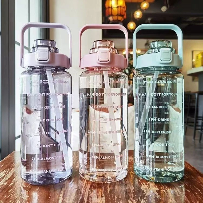 

2L Water Bottle Portable Straw Plastic Water Cup for Outdoor Sports Fitness Adult High Value Big Fat Cup with Time Marker