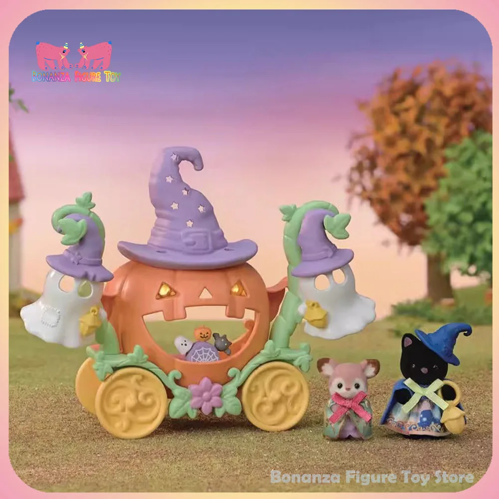 

New Genuine Sylvanian Families Anime Figure Fawn Cat Halloween Ghost Pumpkin Carriage Limited Edition Kawaii Doll Decoration Toy