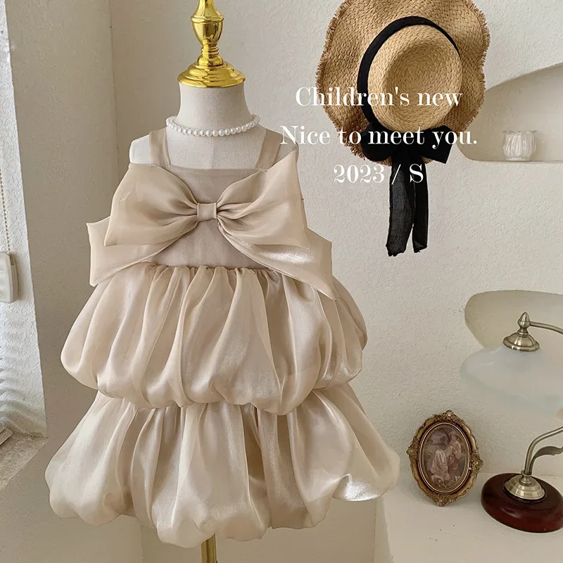 

Girl's camisole dress for summer 2024 new Korean baby girl bow vest skirt princess skirt wedding dress