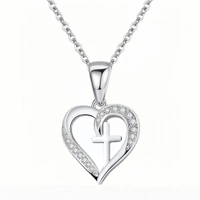 

s925 Silver plated Heart In Cross Diamond studded Fashion Necklace Couple Gift for Women