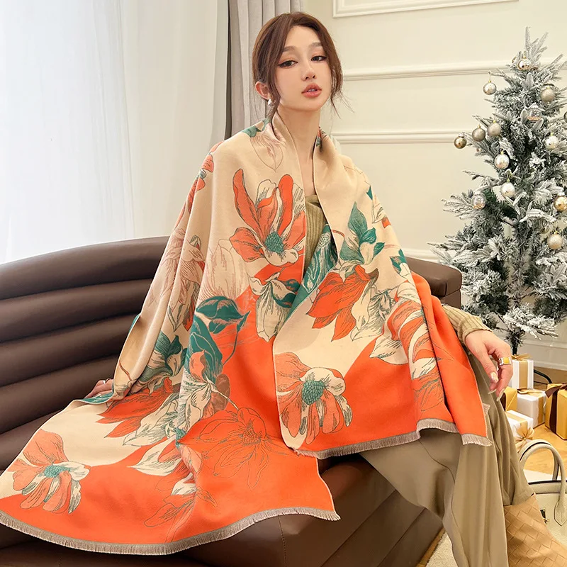 

New Woman Fashion European Style Retro Flower Printing Imitation Cashmere Shawl Multifunction Decorate Outdoor Warm Scarf