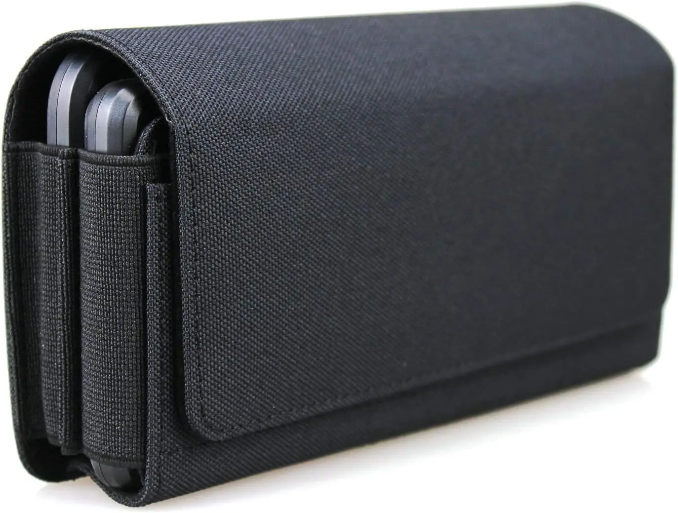 

Dual Phone Belt Holster Pouch for Two Smartphones, Horizontal Design with Magnetic Closure and Card Slots