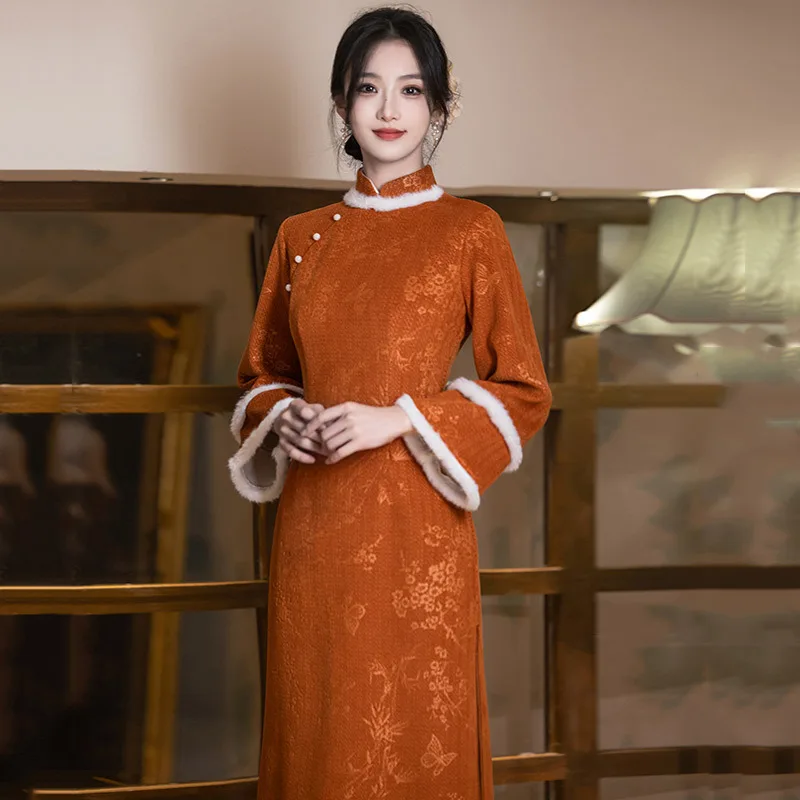 

Оранжевый плотный зимний новый китайский Cheongsam с длинными рукавами 2025 новый стиль для молодых женщин ретро Qipao