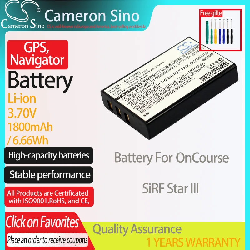 CameronSino Battery for OnCourse SiRF Star III GPS, Navigator battery 1800mAh/6.66Wh 3.70V Li-ion Black