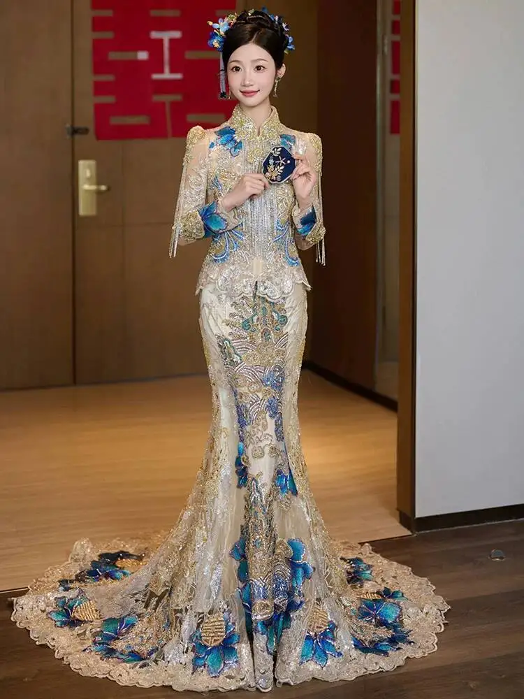 

Gold Fishtail Xiuhe Wedding Dress Cheongsam 2026 New Model For Brides Luxurious And Exquisitely Crafted Chinese Style Bridal