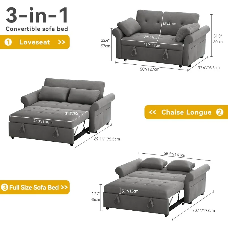 3 in 1 Sleeper Sofa Bed, 56 Inch Convertible Loveseat Sofa with Pullout Bed, Reclining Backrest, Storage Pockets, Modern Space