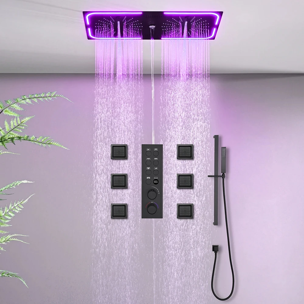 

Роскошная черная душевая система для ванной комнаты, умный скрытый термостатический смеситель для душа, массажная насадка для душа, мощная струя для тела