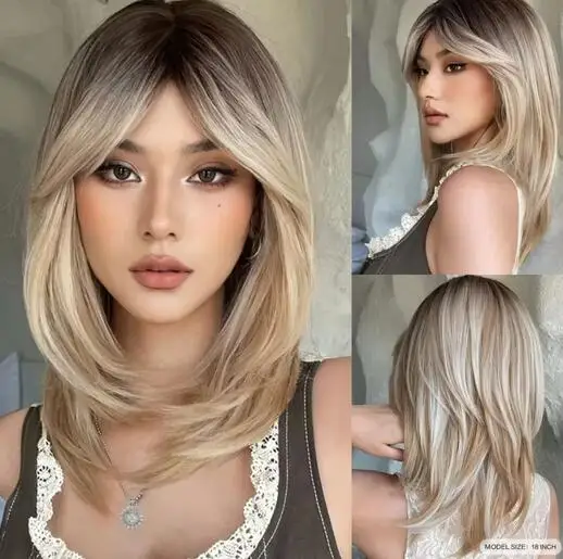 Charming Long Blonde Wigs for Women Synthetic Hair Wig with Fringe Ombre Color with Dark Roots Layered Wigs Heat Resistant Wigs