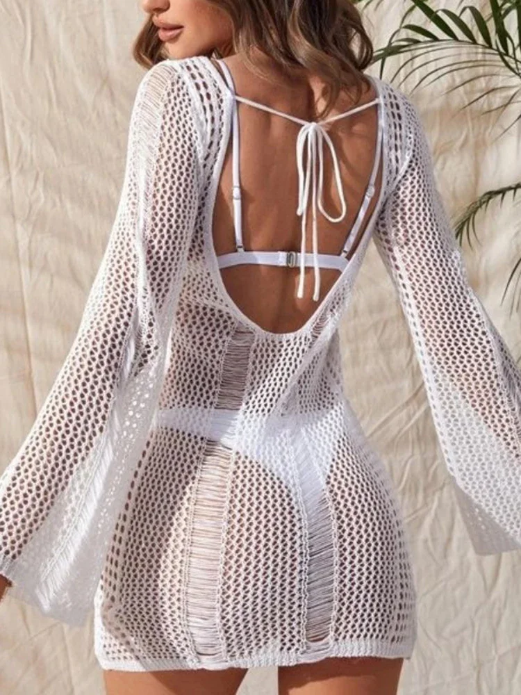새로운 백 레스 비키니 커버 업 여성 비치 커버 긴 소매 여름 패션 홀리데이 여성 미니 드레스 비치웨어
