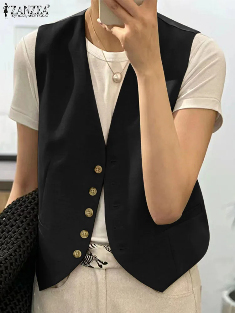 ZANZEA Women Summer Blazer Vest Stylish V Neck Sleeveless Blouse Vintage Solid Buttons Down Tops Elegant Ladies Office OL Shirt