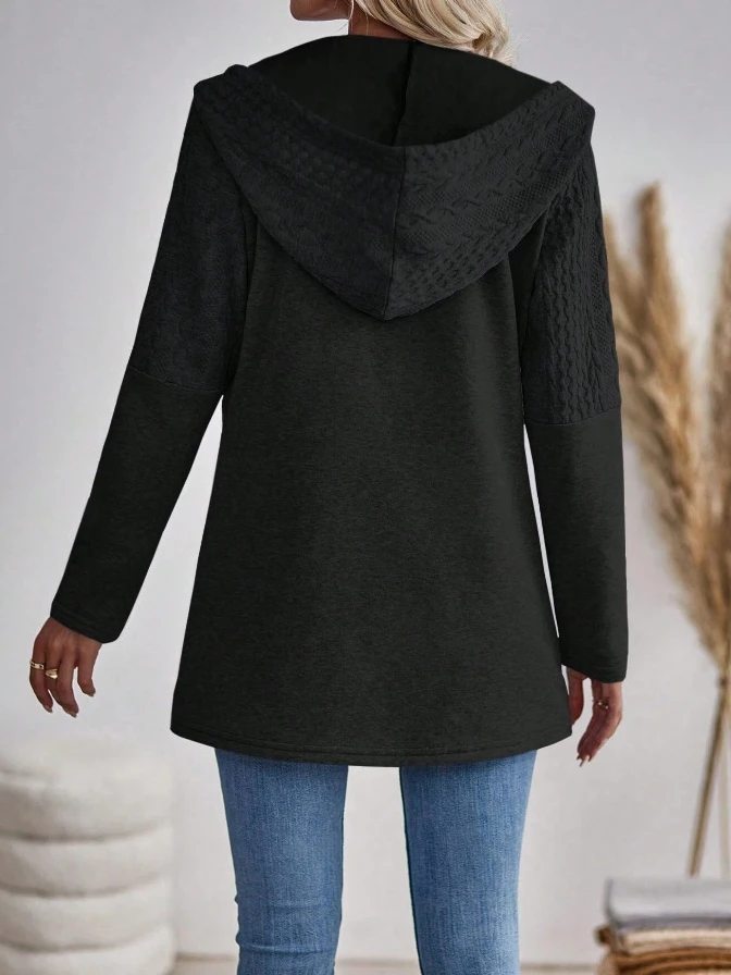 Ripple Splicing Casual Loose Women's Drawstring Hooded Jacket Temperament Commuting Autumn Female Long Sleeve Fashion Coat