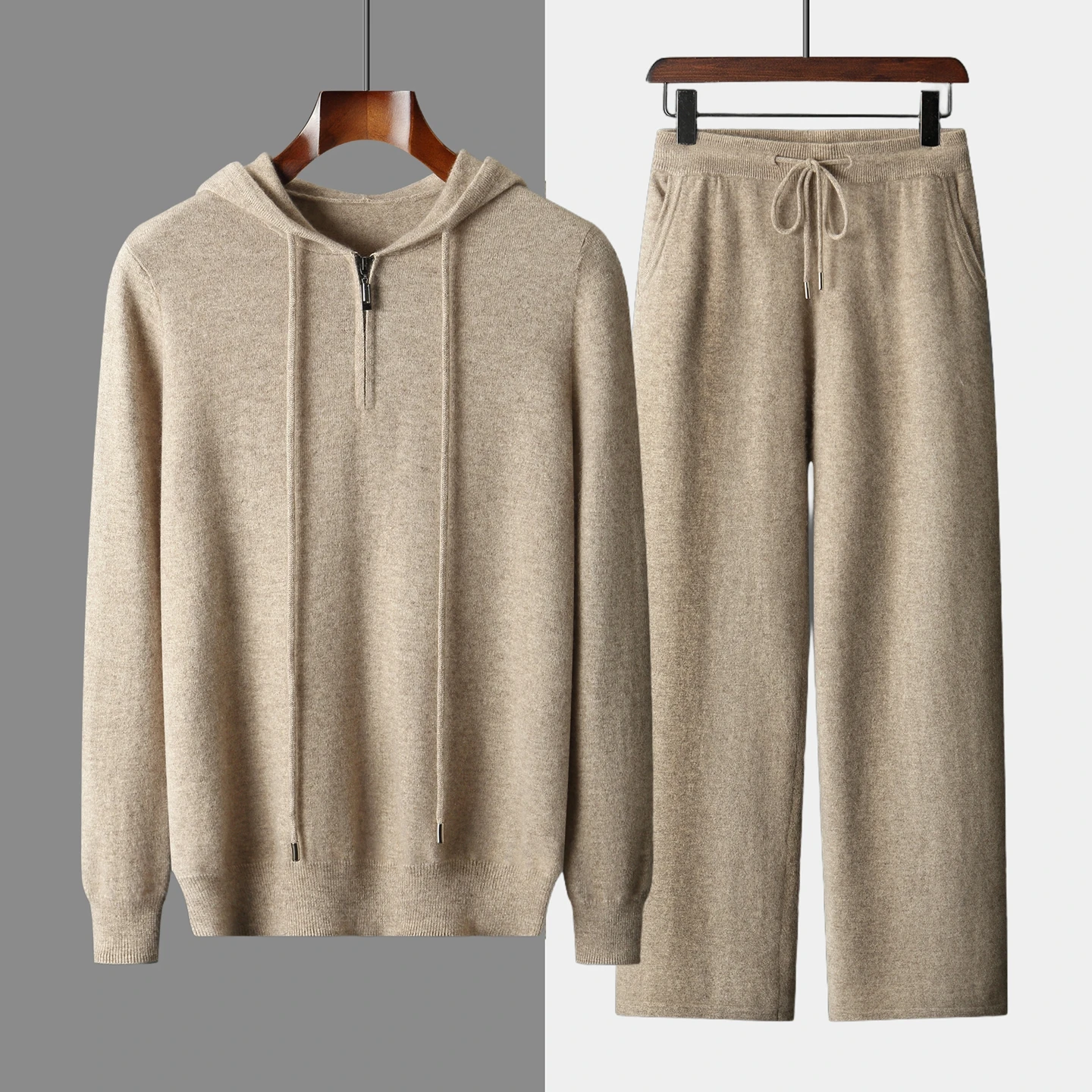 Casual Men 100% Cashmere Knit Set Half-Zip Hooded Pullover Sweater Ankle-Length Pants Soft Warm Tracksuit Autumn Winter Daily