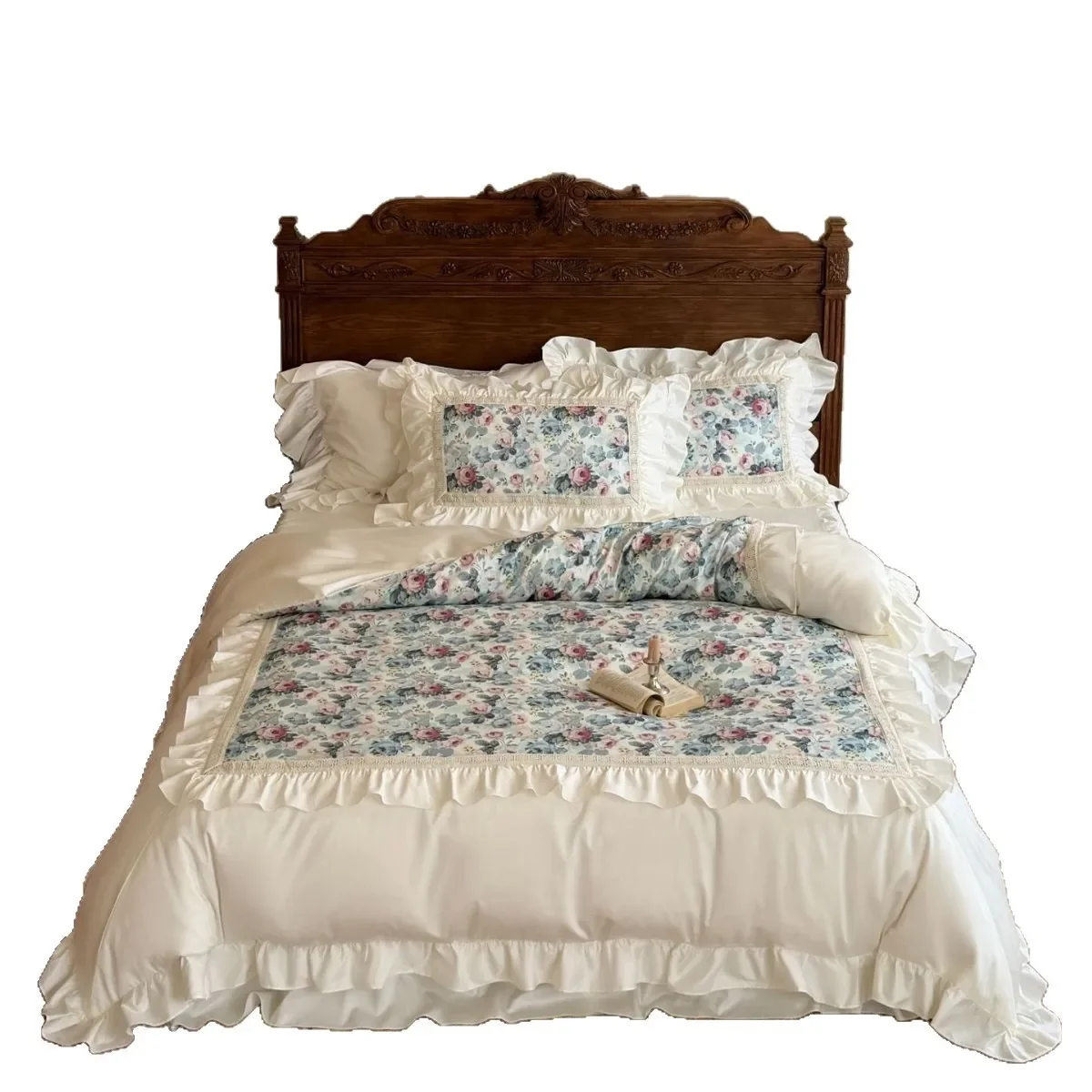 4-Piece Vintage French Romantic Bedding Set King Queen Long Staple Cotton Crinkle Gauze Lace Duvet Cover Sheet Printed Bedding