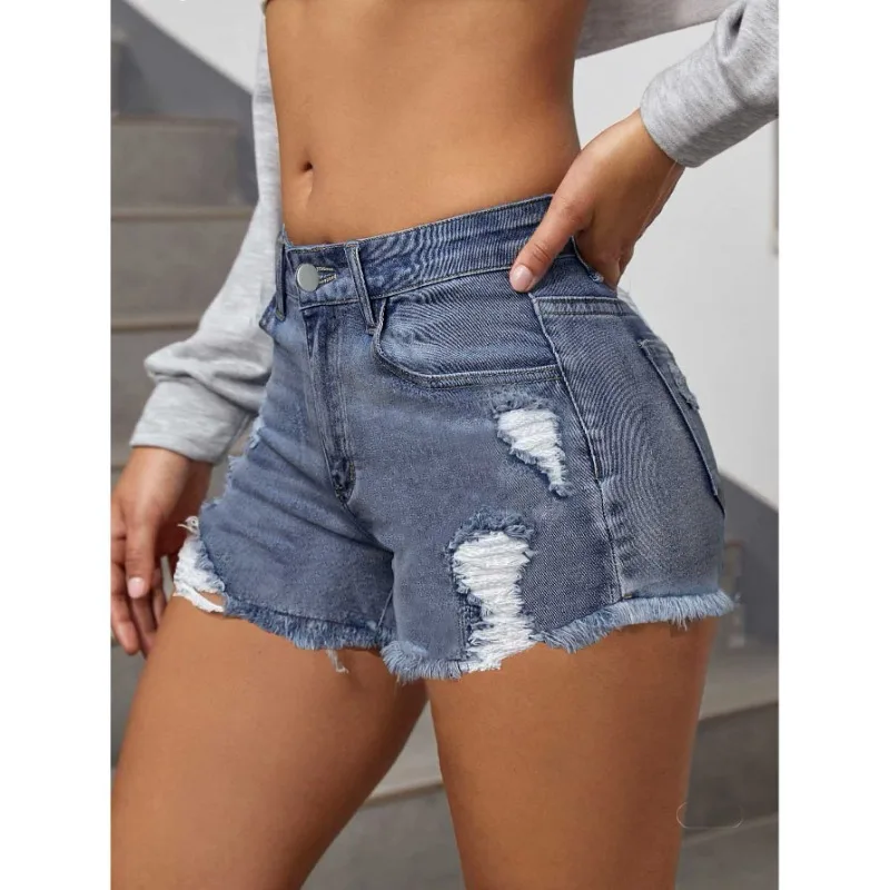 

Women Summer Blue Ripped Denim Shorts High Waist Frayed Hem Casual Micro Stretch Jean Shorts Elegant Streetwear