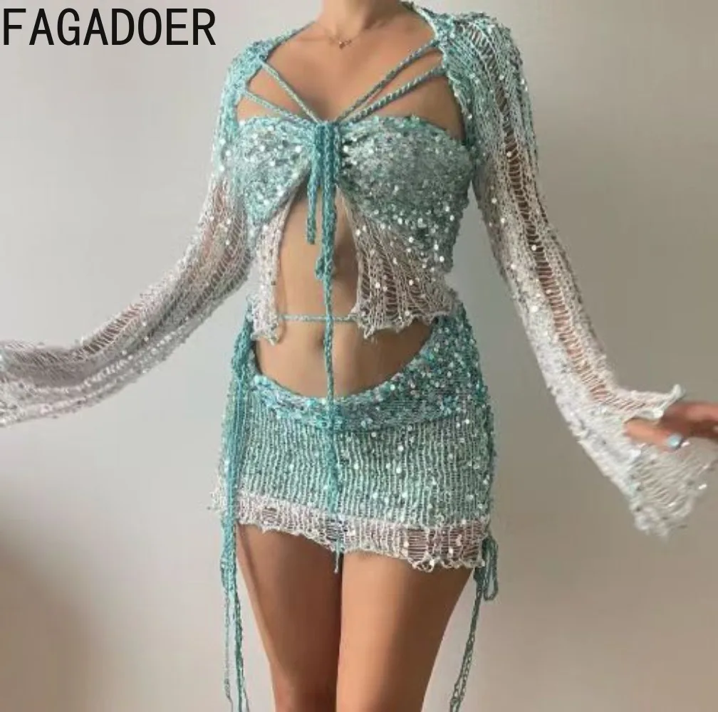 FAGADOER Sexy Sequins Hollow 3 Piece Sets Outfit Women Lace Up Crop Tops And Mini Skirts Suits Female Nightclub Party Clothing